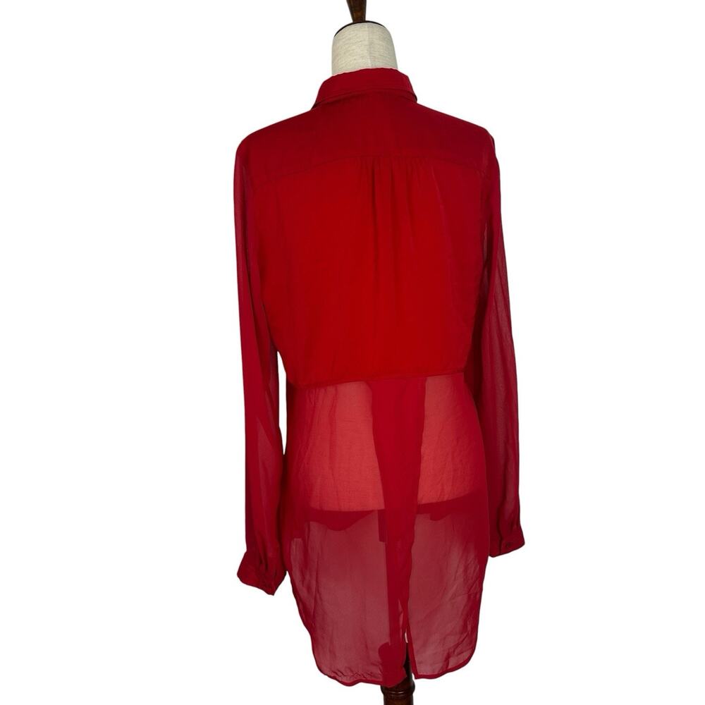 Free People Top Women Medium Red Long-sleeve Sheer Button Split Back Shirt - Picture 4 of 11